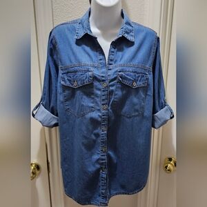 Fashion Web Casual Denim Long Sleeve Shirt With Rollup Tabs Size XL EUC